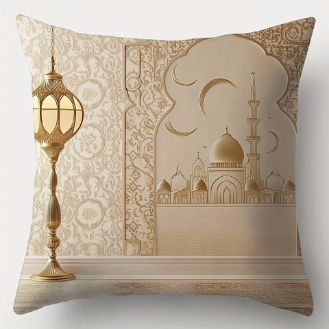 Ethno Ramadan Gold Mond Kissenbezug Eid Mubarak Dekorativer Kissenhülle Für Sofa Wohnzimmer Kurzplüsch Bedruckt Kissenbezug