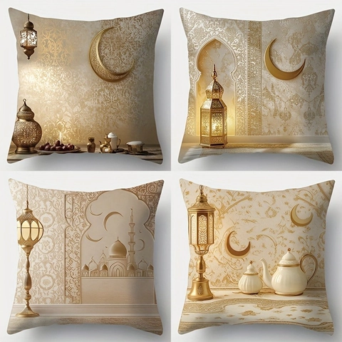 Ethno Ramadan Gold Mond Kissenbezug Eid Mubarak Dekorativer Kissenhülle Für Sofa Wohnzimmer Kurzplüsch Bedruckt Kissenbezug