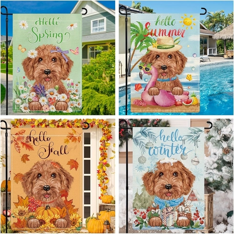 Bandiera da Giardino in Lino a Doppia Faccia Con Illustrazione di Cane Per Decorazioni Stagionali Compresi Natale Halloween Ringraziamento San Valentino