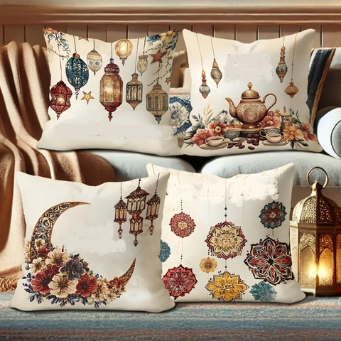 Vintage Ethnisch Ramadan Kareem Kissenbezug Retro Laterne Halbmond Blumenmuster Kissenhülle Für Sofa Wohnzimmer Home Dekor