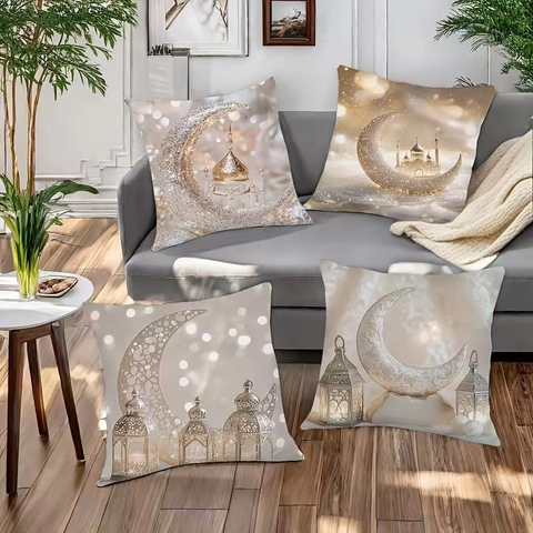 Ramadan Eid Mubarak Gold Moon Mosque Decorative Pillowcase Ethnic Style Short Plush Cushion Cover For Living Room Sofa Bed