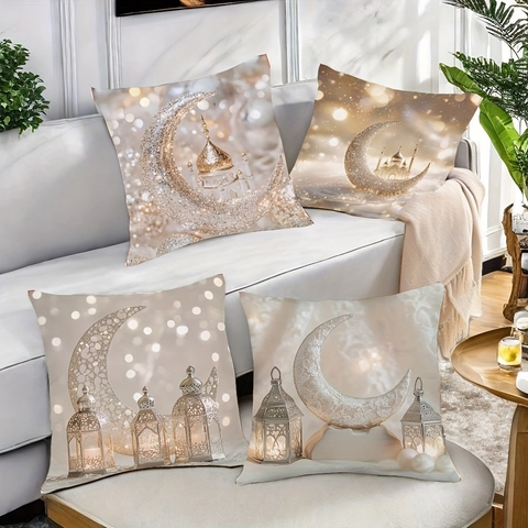 Ramadan Eid Mubarak Gold Moon Mosque Decorative Pillowcase Ethnic Style Short Plush Cushion Cover For Living Room Sofa Bed