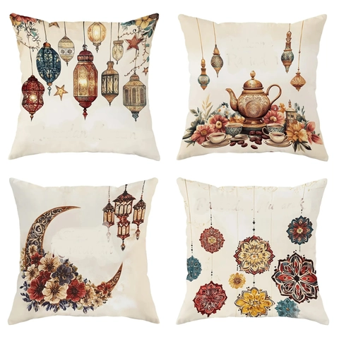 Vintage Ethnisch Ramadan Kareem Kissenbezug Retro Laterne Halbmond Blumenmuster Kissenhülle Für Sofa Wohnzimmer Home Dekor