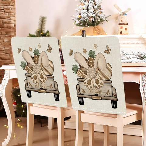 Fundas de Respaldo de Silla de Pascua Patrón de Conejo Zanahoria Huevos Tissu de Felpa Corta Decoración de Hogar Fiesta