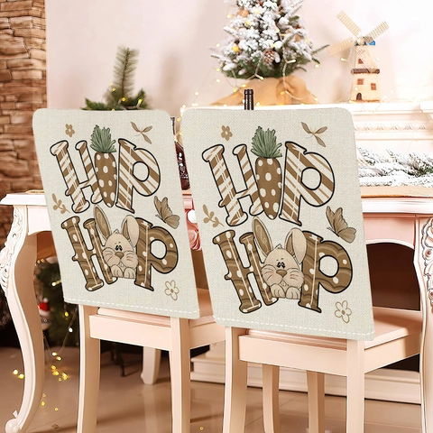 Fundas de Respaldo de Silla de Pascua Patrón de Conejo Zanahoria Huevos Tissu de Felpa Corta Decoración de Hogar Fiesta
