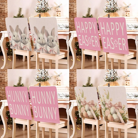 Easter Chair Back Covers Pink Bunny Egg Print Dining Chair Protector Seasonal Festival Party Decoration Home Decor Ornament