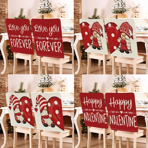 Housses de Chaise de la Saint-Valentin en Peluche Courte Avec Imprimé Cœur Gnome Lettres Décoration pour Cuisine Salle à Manger