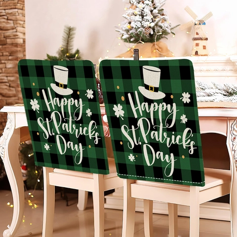 St. Patrick's Day Stoelhoezen Groen Klaver Lucky Blessed Buffalo Geruit Eetkamerstoelhoes Kort Pluche Feestelijke Huisdecoratie