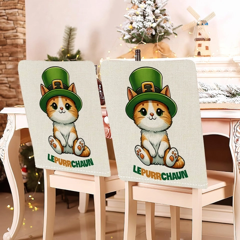 St Patrick's Day Chair Covers Lucky Cat Shamrocks Pattern Faux Linen Dining Room Chair Slipcovers Home Festival Decor