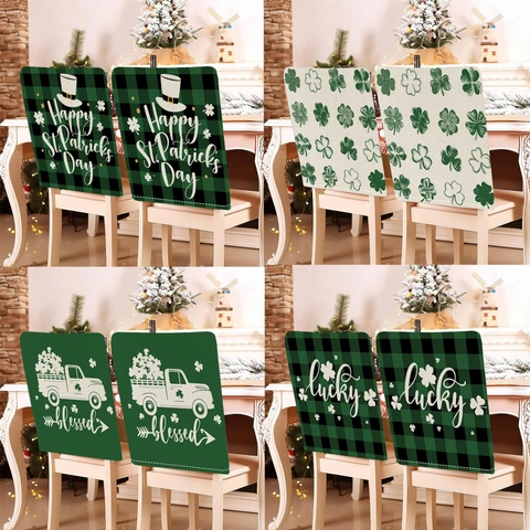 St. Patrick's Day Stoelhoezen Groen Klaver Lucky Blessed Buffalo Geruit Eetkamerstoelhoes Kort Pluche Feestelijke Huisdecoratie