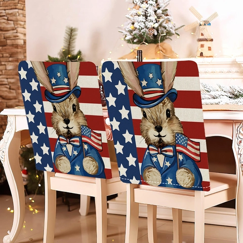 Easter Independence Day Chair Back Covers Short Plush Striped Bunny Pattern Holiday Dining Chair Covers Home Party Decor