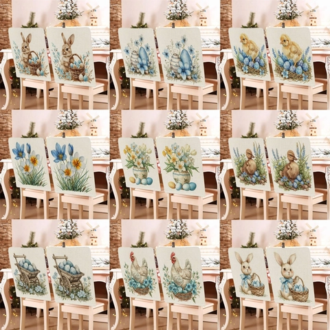 Osterhase Esszimmer Stuhlbezug Kurzplüsch Blau Blumendruck Eier Bedruckt Stuhlschutz Für Zuhause Feiertag Frühling Party Dekor