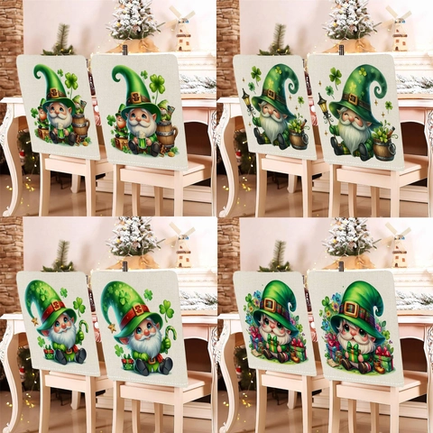 Set Fundas de Silla Día de San Patricio Gnomo Trébol Verde Protector de Respaldo Decoración Fiesta Hogar Felpa Corta
