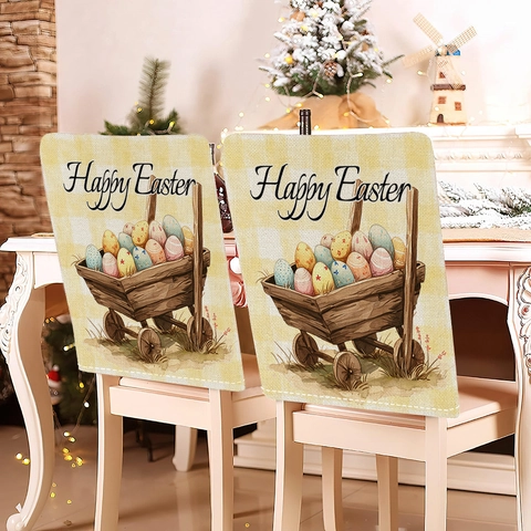 Easter Chair Back Covers Rabbit Colorful Eggs Flower Printed Short Plush Seat Protector For Holiday Dining Room Decoration