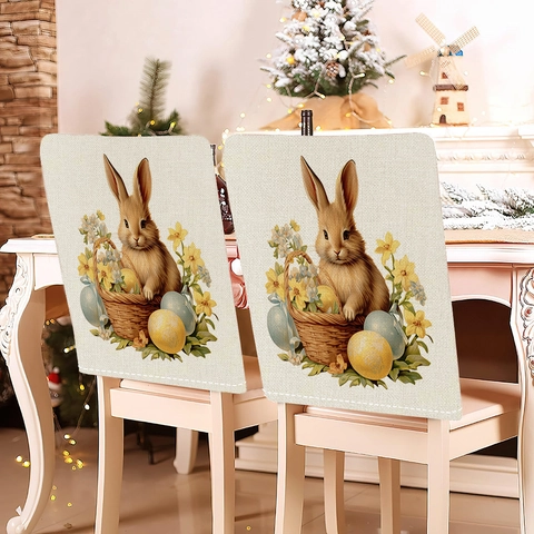 Housse de Dossier de Chaise Imprimé Lapin et Œuf de Pâques Aspect Lin Décoration de Table de Cuisine Housse de Chaise Amovible