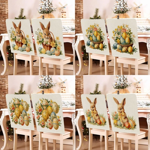 Housse de Dossier de Chaise Imprimé Lapin et Œuf de Pâques Aspect Lin Décoration de Table de Cuisine Housse de Chaise Amovible
