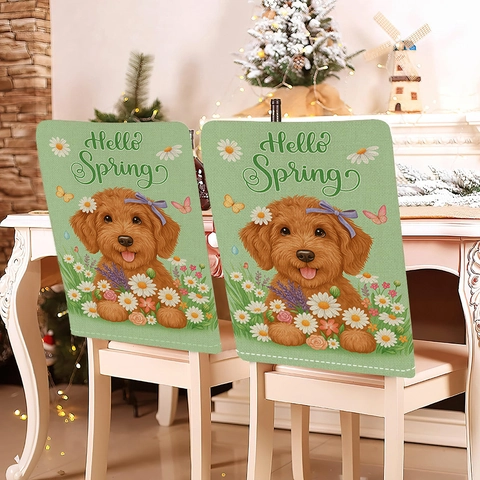 Cartoon Dog Seasonal Holiday Chair Back Covers For Dining Room Short Plush Christmas Halloween Easter Thanksgiving Kitchen Decor