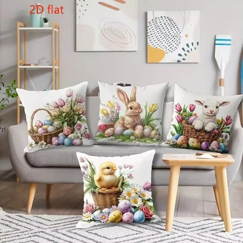 Easter Bunny Chick Lamb Flower Cushion Cover Polyester Short Plush Decorative Throw Pillow Case For Sofa Living Room