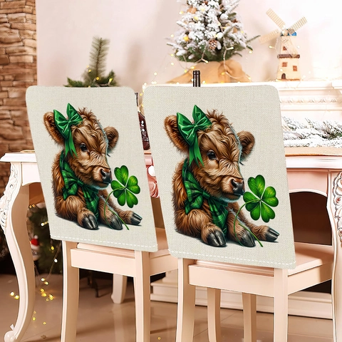 Housses de Dossier de Chaise Saint Patrick Motif Vache des Highlands Chapeau Vert Trèfle Aspect Lin Festif Décoration de Cuisine et Maison
