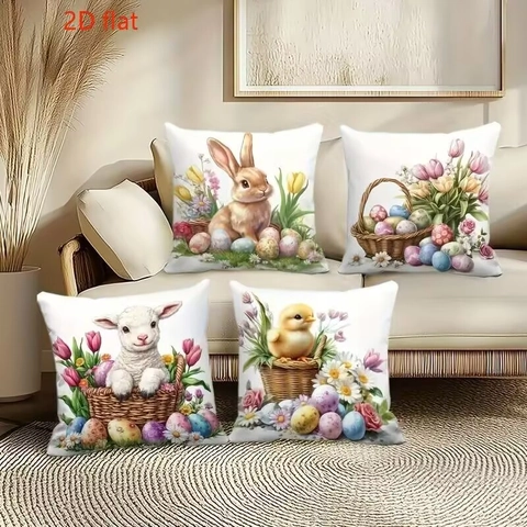 Easter Bunny Chick Lamb Flower Cushion Cover Polyester Short Plush Decorative Throw Pillow Case For Sofa Living Room