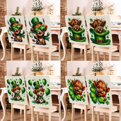 Housses de Dossier de Chaise Saint Patrick Motif Vache des Highlands Chapeau Vert Trèfle Aspect Lin Festif Décoration de Cuisine et Maison