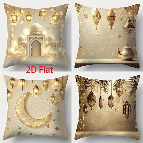 Funda de Almohada Ramadan Kareem Oro Luna Estrella Estampado Suave Poliéster Peluche Funda de Cojín para Eid Mubarak