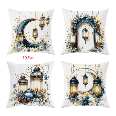 Plüsch Polyester Ramadan Eid Mubarak Kissenbezüge Mond Laterne Blumen Digitaldruck Sofa Deko Kissenhüllen Heimtextilien
