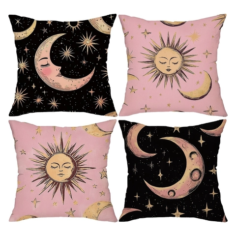 Retro Hemels Zon Maan Ster Patroon Decoratieve Kussensloop Zachte Pluche Polyester Kussenhoes Voor Bank Woonkamer Decor