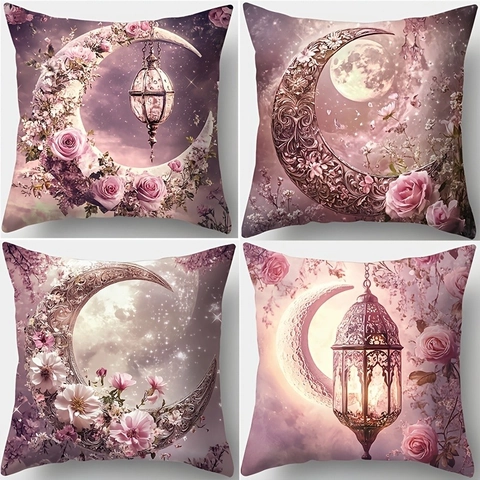 Fodera per Cuscino in Morbido Peluche con Motivo Floreale Luna Rosa Viola Lanterna Sognante Stelle Federa Quadrata per Divano
