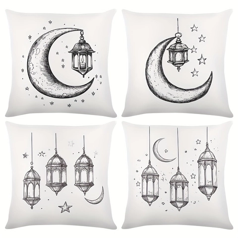 Ramadan Eid Mubarak Cushion Cover White Polyester Minimalist Moon Star Lantern Decorative Throw Pillow Case For Home Living Room Sofa