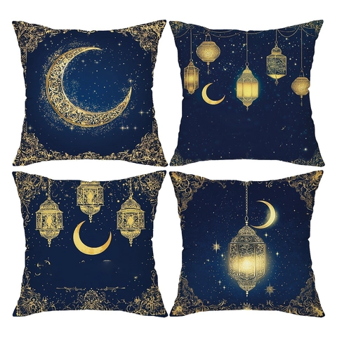 Funda de Almohada Ramadan con Estampado Dorado de Luna Estrellas Linterna Azul Oscuro Funda de Cojín Decorativa Sofa