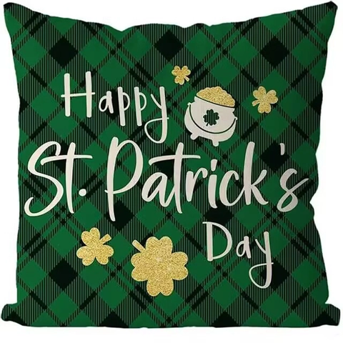St Patrick's Day Shamrock Throw Pillow Case Plaid Green Lucky Clover Decorative Square Cushion Cover For Sofa Home Decor