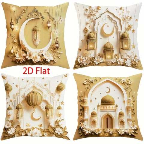 Ramadan Eid Al-Fitr Pillow Case Polyester Plush Moon Star Lantern Pattern Cushion Cover For Living Room Sofa Home Decor Gift