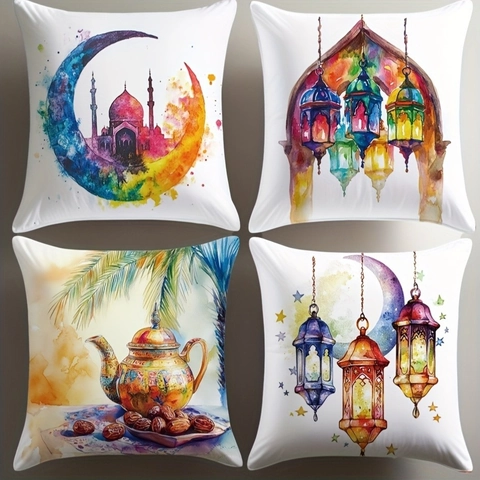 Funda de Almohada Decorativa Ramadan Eid Mubarak Luna Mezquita Acuarela Poliéster Felpa Funda de Cojín Para Sofá Decoración Hogar