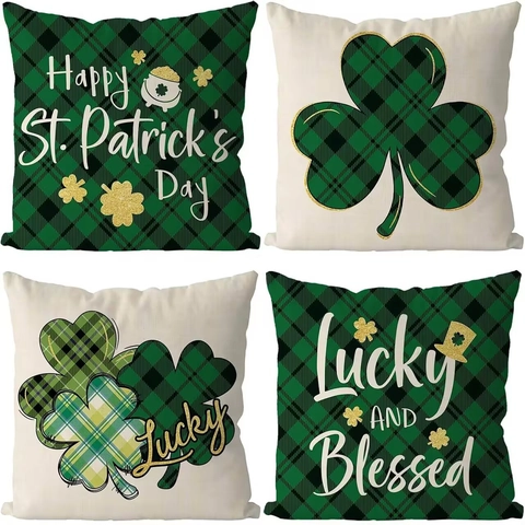 St Patrick's Day Shamrock Throw Pillow Case Plaid Green Lucky Clover Decorative Square Cushion Cover For Sofa Home Decor