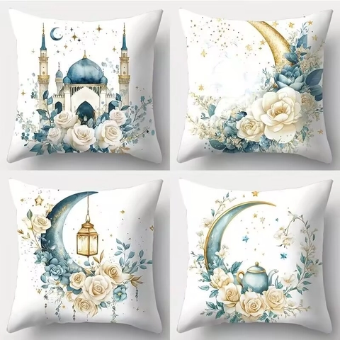 Ramadan Mond Blumen Druck Polyester Plüsch Quadratischer Kissenbezug Modern Ethno Moschee Aquarell Muster Kissenhülle Für Home Dekor