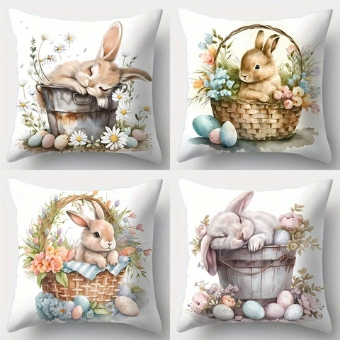 Pasen Decoratieve Kussensloop Kort Pluche Polyester Konijn Bloemmotief Bank Kussenhoes Voor Lente Huis Decoratie