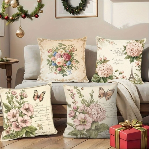 Vintage Floral Pillow Case Polyester Soft Plush Eiffel Tower Butterfly Print Decorative Throw Pillow Cover For Sofa Home