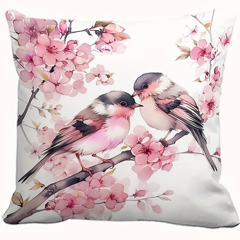 Floral Bird Print Decorative Throw Pillow Case Soft Plush Pink Cherry Blossom Cushion Cover For Sofa Living Room Home Decor