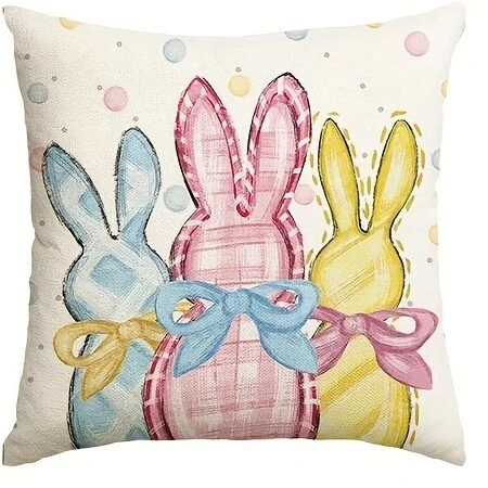 Easter Pillow Covers Linen Cushion Cases With Watercolor Rabbit Egg Floral Print For Sofa Living Room Festive Home Decor
