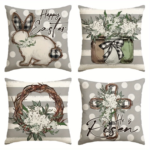 Vintage Ostern Leinen Kissenbezug Hase Blumen Kreuz Druck Dekorativer Kissenbezug Für Wohnzimmer Dekoration Zuhause