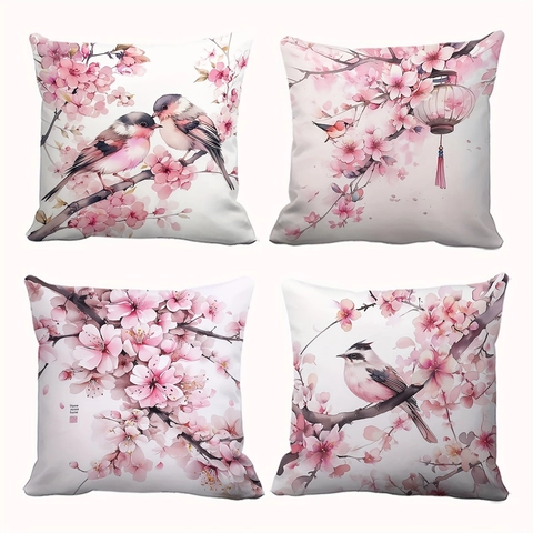Floral Bird Print Decorative Throw Pillow Case Soft Plush Pink Cherry Blossom Cushion Cover For Sofa Living Room Home Decor