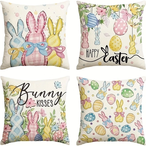 Easter Pillow Covers Linen Cushion Cases With Watercolor Rabbit Egg Floral Print For Sofa Living Room Festive Home Decor