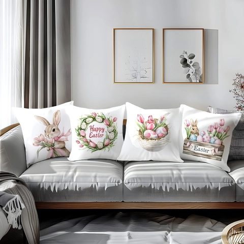 Pasen Kussensloop Aquarel Konijn Tulp Patroon Kussenhoes Voor Bank Huis Decor Vrolijk Pasen Feestdagen Cadeau Decoratief Textiel