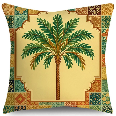 Vintage Ethno Ramadan Kissenbezug Sichelmond Laterne Palme Teekanne Muster Dekorativer Kissenhülle Für Sofa Zuhause