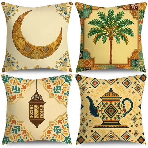 Vintage Ethno Ramadan Kissenbezug Sichelmond Laterne Palme Teekanne Muster Dekorativer Kissenhülle Für Sofa Zuhause