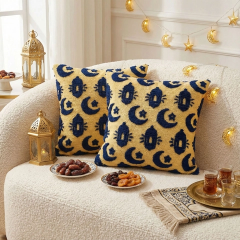 Ramadan Eid Moon Star Lantern Tufted Decorative Pillowcase Soft Plush Cushion Cover For Living Room Sofa Ethnic Home Decor