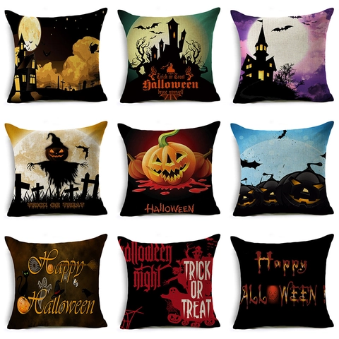 Halloween Zucca Castello Pipistrello Stampato Misto Cotone Federa Decorativa Quadrata Copricuscino Per Divano 45x45cm