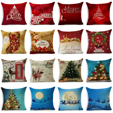 Christmas Tree Linen Pillowcase Merry Christmas Reindeer Snowman Print Decorative Square Cushion Cover For Sofa Home Decor