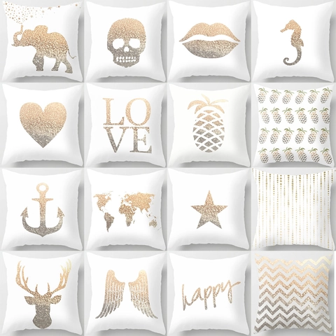 Modern Minimalist Peach Skin Polyester Cushion Cover White Gold Glitter Printed Geometric Animal Pattern Pillowcase For Home Decor
